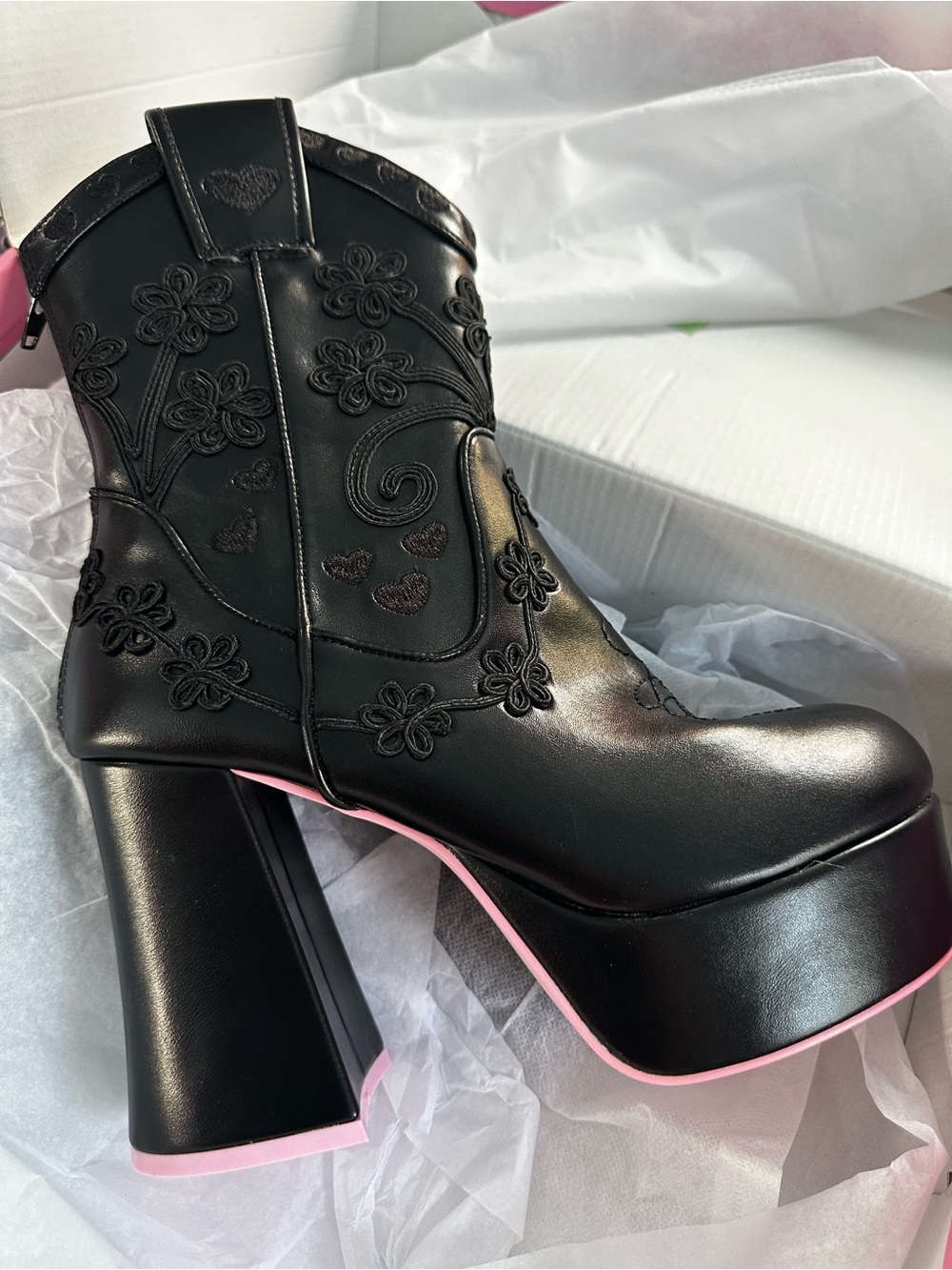 Black Floral Embroidered Platform Ankle Boots with Pink Trim